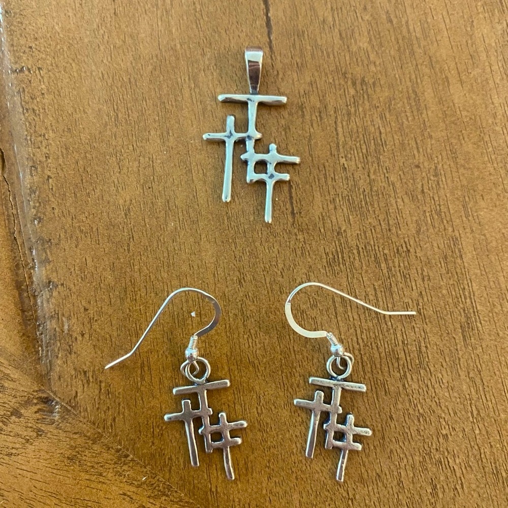“Trio Cross” Sterling Silver Wire Earrings & Pendant